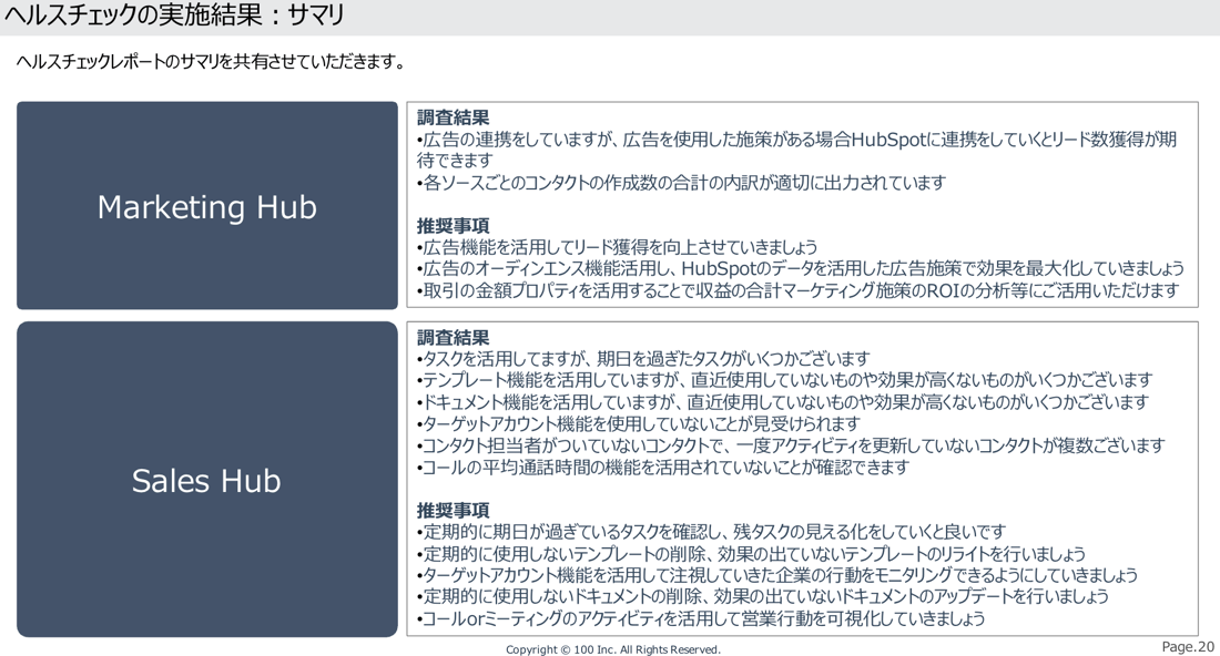 実施された「HubSpotヘルスチェック」の資料の一部